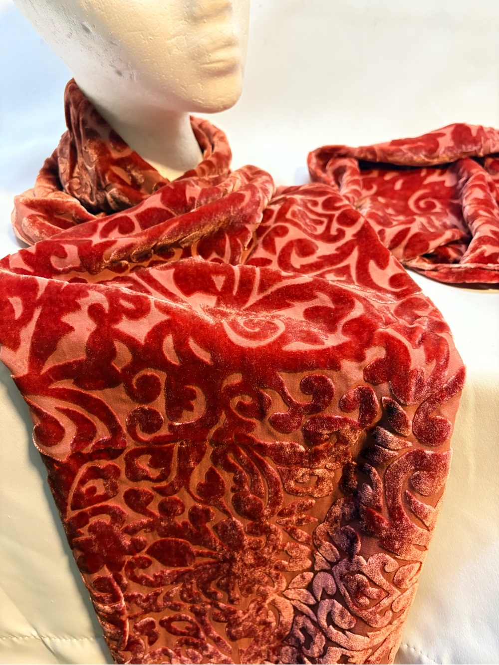 Velvet Burnout Scarf in Rich Red Floral Scroll Pattern